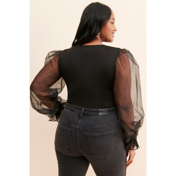 Anthro Hutch Puff Mesh Sleeve Bodysuit V-Neck Statement One Piece Stretch Sz 1X - Picture 11 of 11